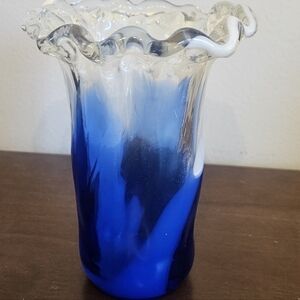 Vintage Blue and White Swung Glass Vase MCM Decor Ruffle Trim